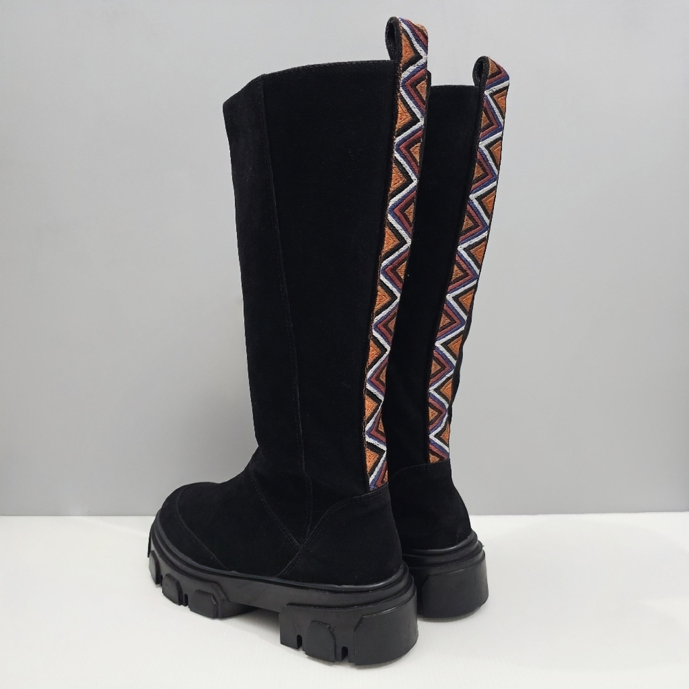 Farm Rio Tall Combat Boot Womens 7 Black Vegan Platform Boho Embroidered NEW
